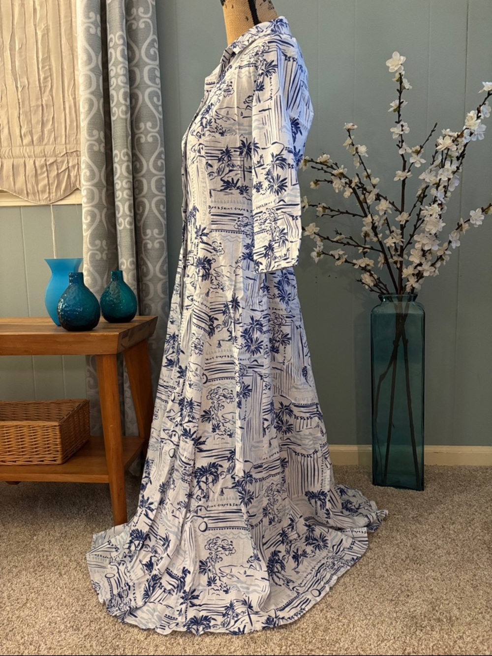 Calypso St. Barth Saint Tropez Tropical Coastal Toile Linen Blend Shirt Dress - Picture 6 of 14